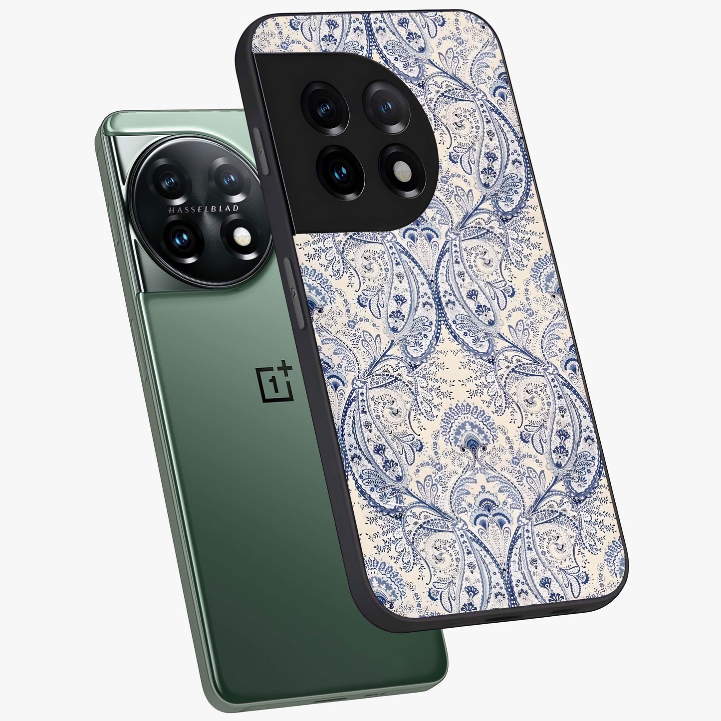 Blue Paisley Bloom Glass Case for 1+11 angled mockup showcasing glossy finish and detailed ornamental design