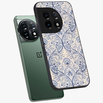 Blue Paisley Bloom Glass Case for 1+11 angled mockup showcasing glossy finish and detailed ornamental design