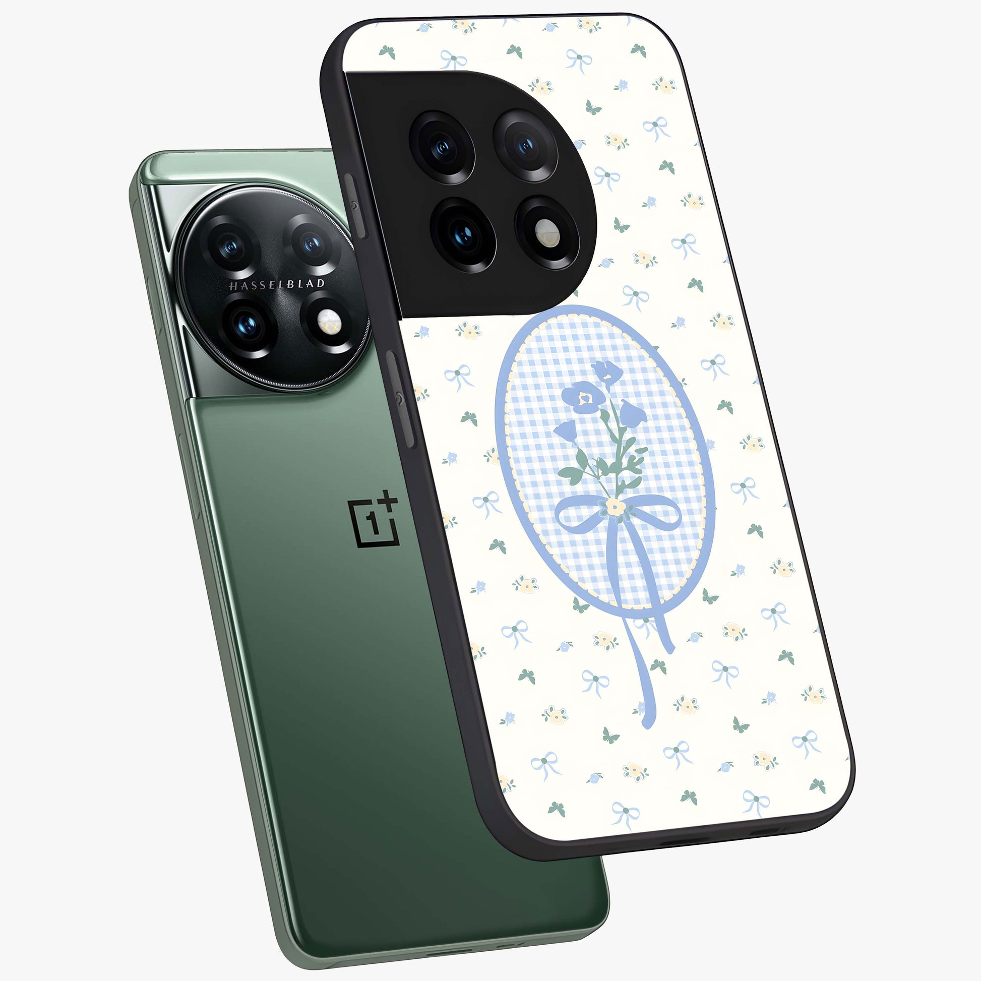 Blue Ribbon Bloom Glass Case for 1+11 angled mockup showcasing glossy finish and delicate bloom detailing
