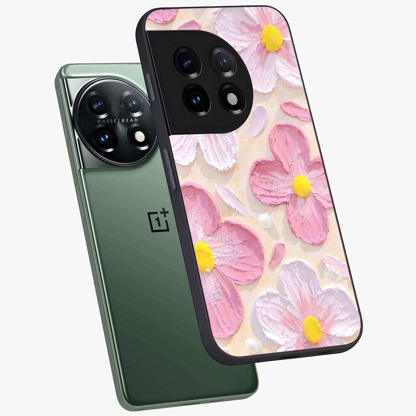 Blush Bloom Texture Glass Case for 1+11 angled mockup showcasing glossy finish and layered texture detailing