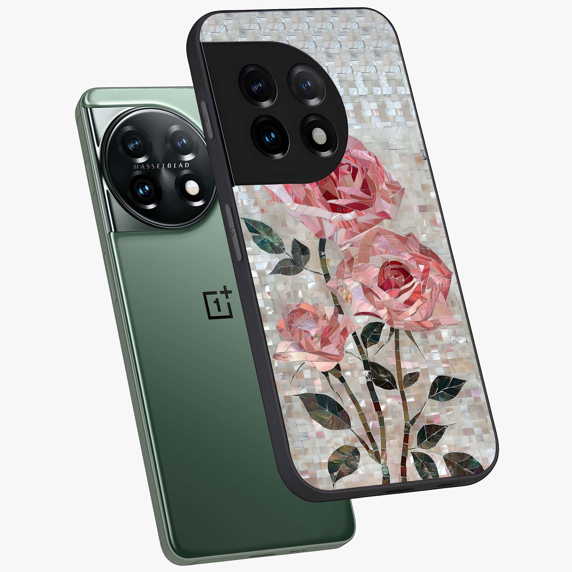 Blush Luxe Bloom Glass Case for 1+11 angled mockup showcasing glossy finish and premium bloom design