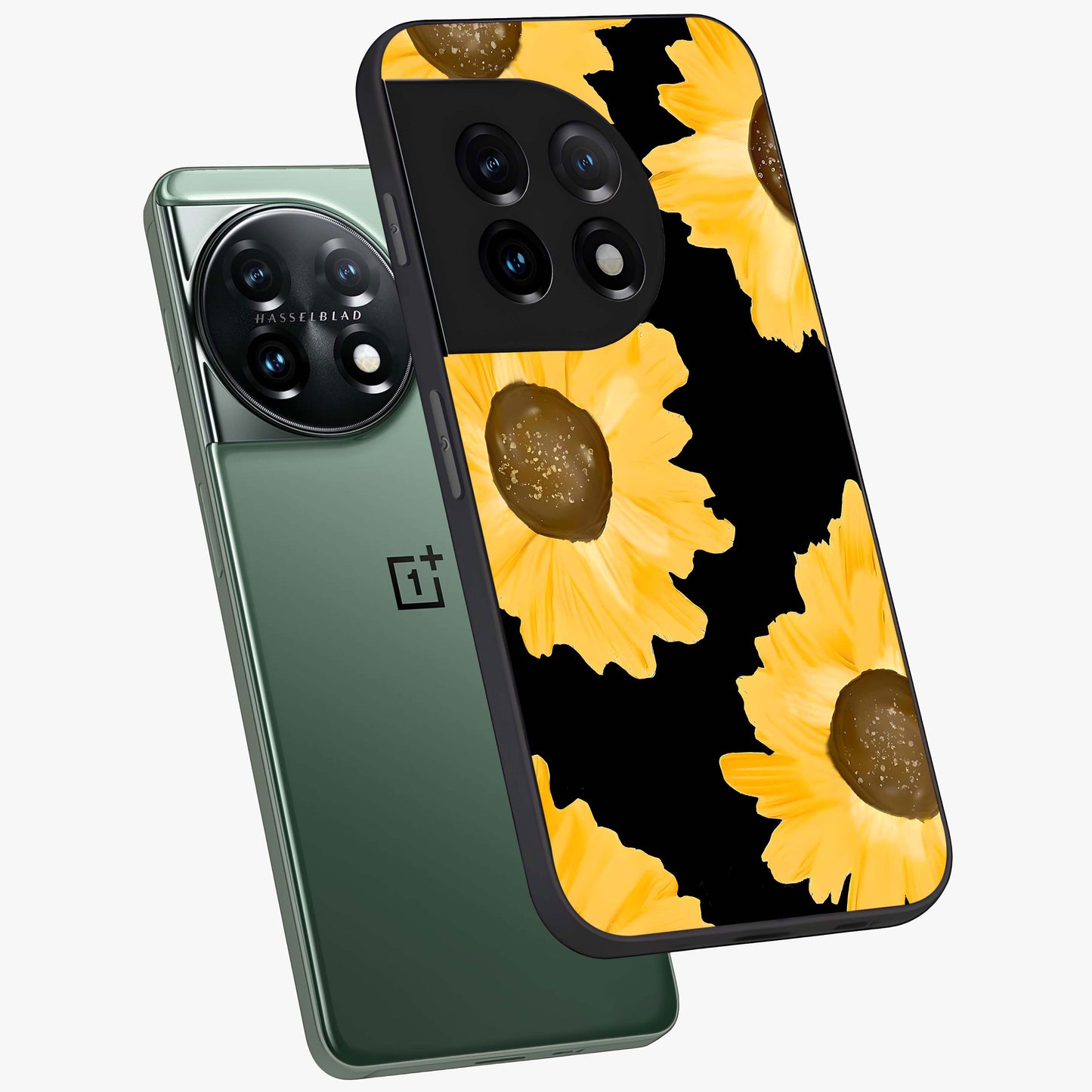 Bold Sunflowers Glow Glass Case for 1+11 angled mockup showcasing glossy glass finish and bright floral detailing