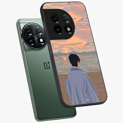 Boy Facing Sunset Beach Glass Case for 1+11 angled mockup showcasing glossy finish and warm beach tones