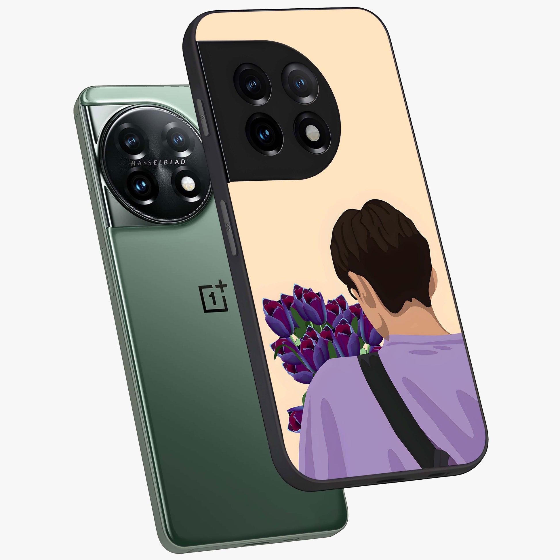 Boy Holding Flowers Glass Case for 1+11 angled mockup showcasing glossy finish and gentle pastel artwork