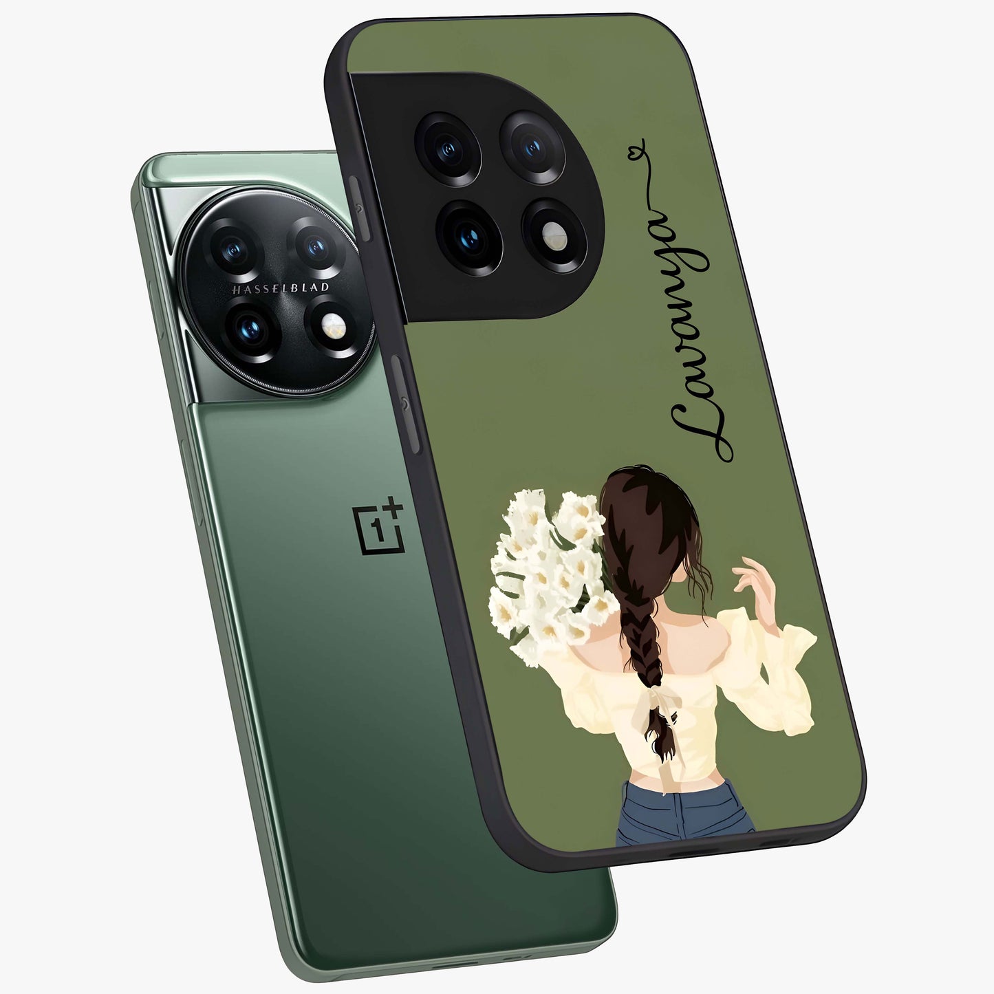 Braided Spring Beauty With Custom Name Glass Case for 1+11 angled mockup showcasing glossy finish and spring inspired detailing