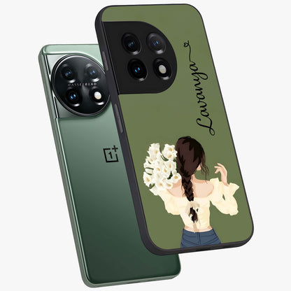 Braided Spring Beauty With Custom Name Glass Case for 1+11 angled mockup showcasing glossy finish and spring inspired detailing