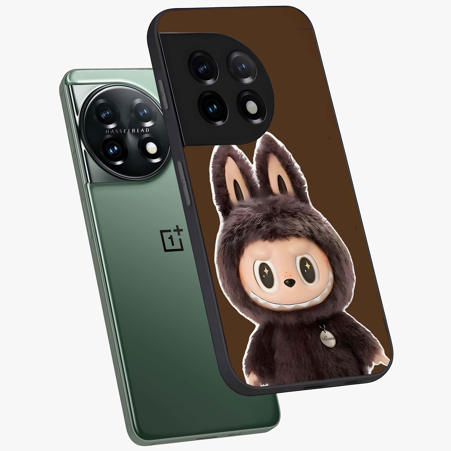 Brown Labubu Design Glass Case for 1+11 angled mockup showcasing glossy finish and detailed cartoon illustration