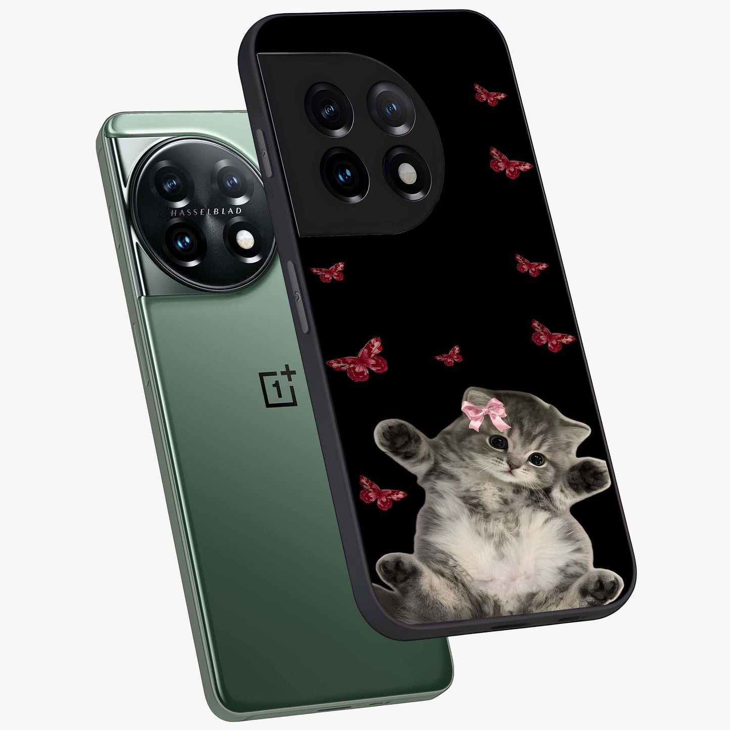 Butterfly Cat Bliss Glass Case for 1+11 angled mockup showcasing glossy finish and soft pastel tones