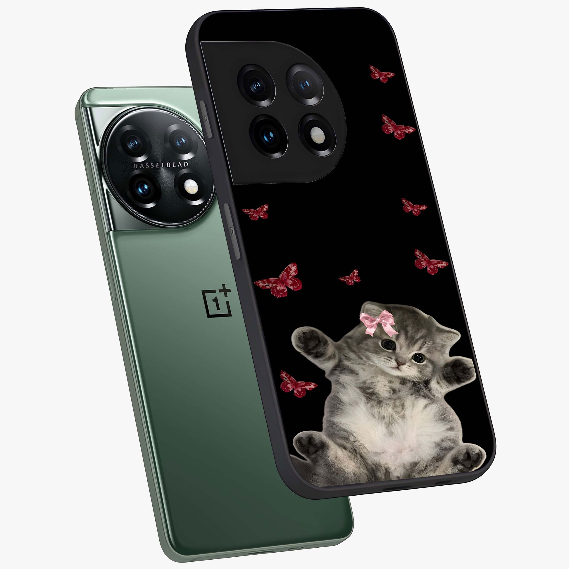 Butterfly Cat Bliss Glass Case for 1+11 angled mockup showcasing glossy finish and soft pastel tones