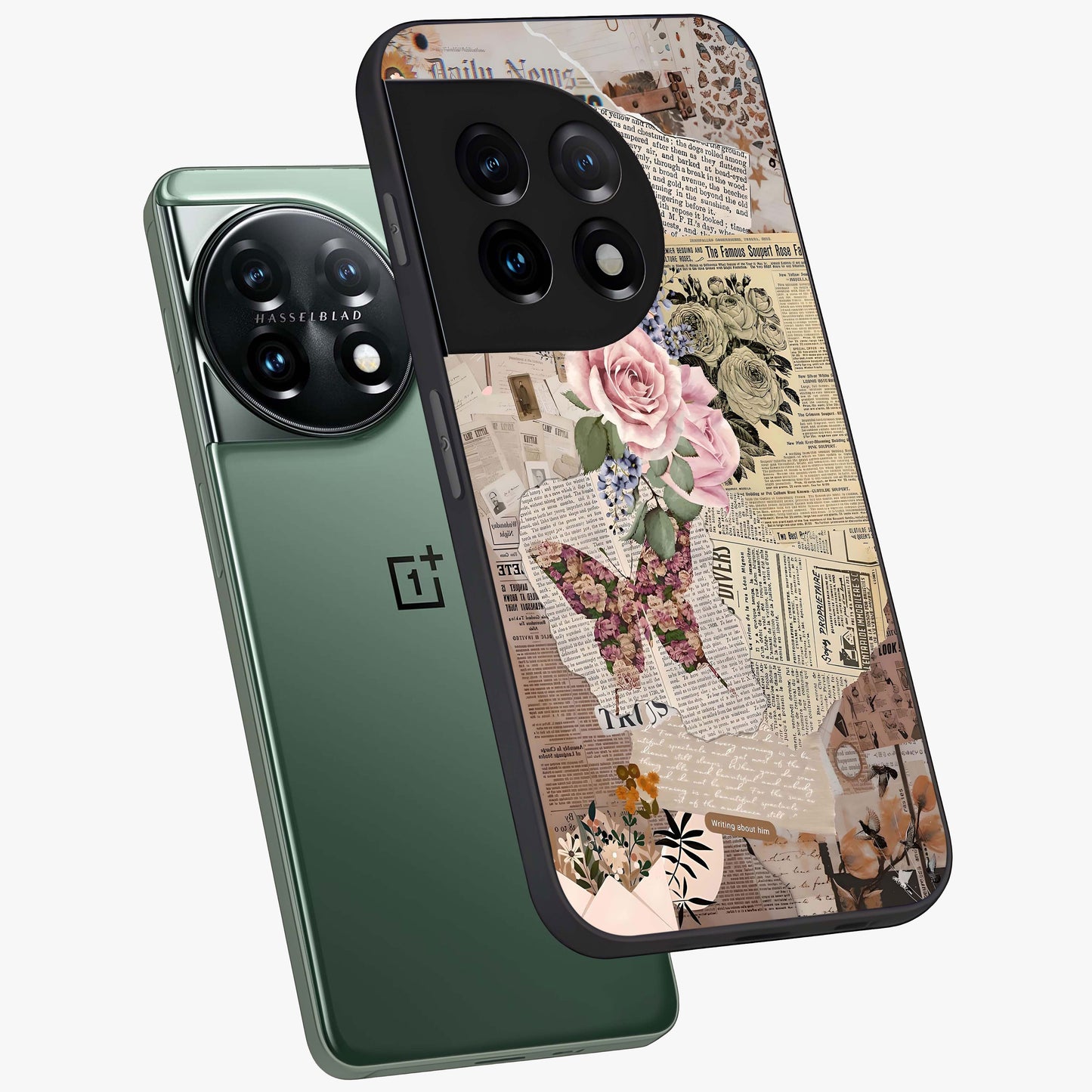Butterfly News Bloom Glass Case for 1+11 angled mockup showcasing glossy finish and vibrant nature design