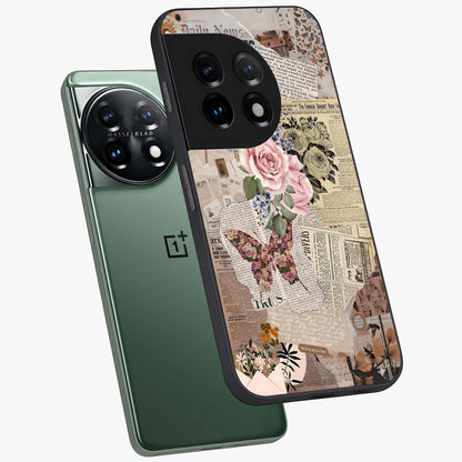Butterfly News Bloom Glass Case for 1+11 angled mockup showcasing glossy finish and vibrant nature design