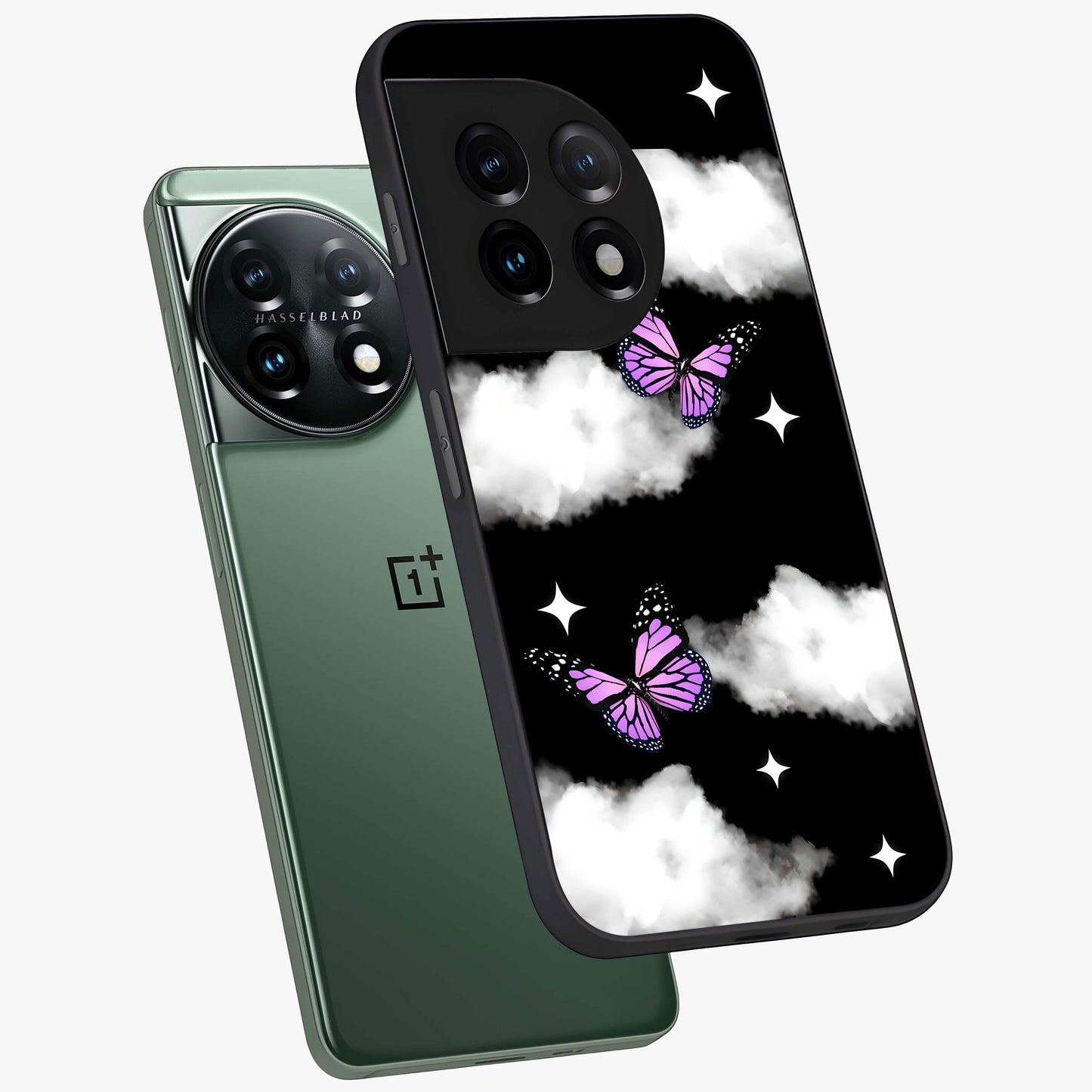 Butterfly Night Drift Glass Case for 1+11 angled mockup showcasing glossy finish and deep midnight gradients