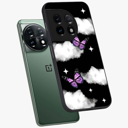 Butterfly Night Drift Glass Case for 1+11 angled mockup showcasing glossy finish and deep midnight gradients