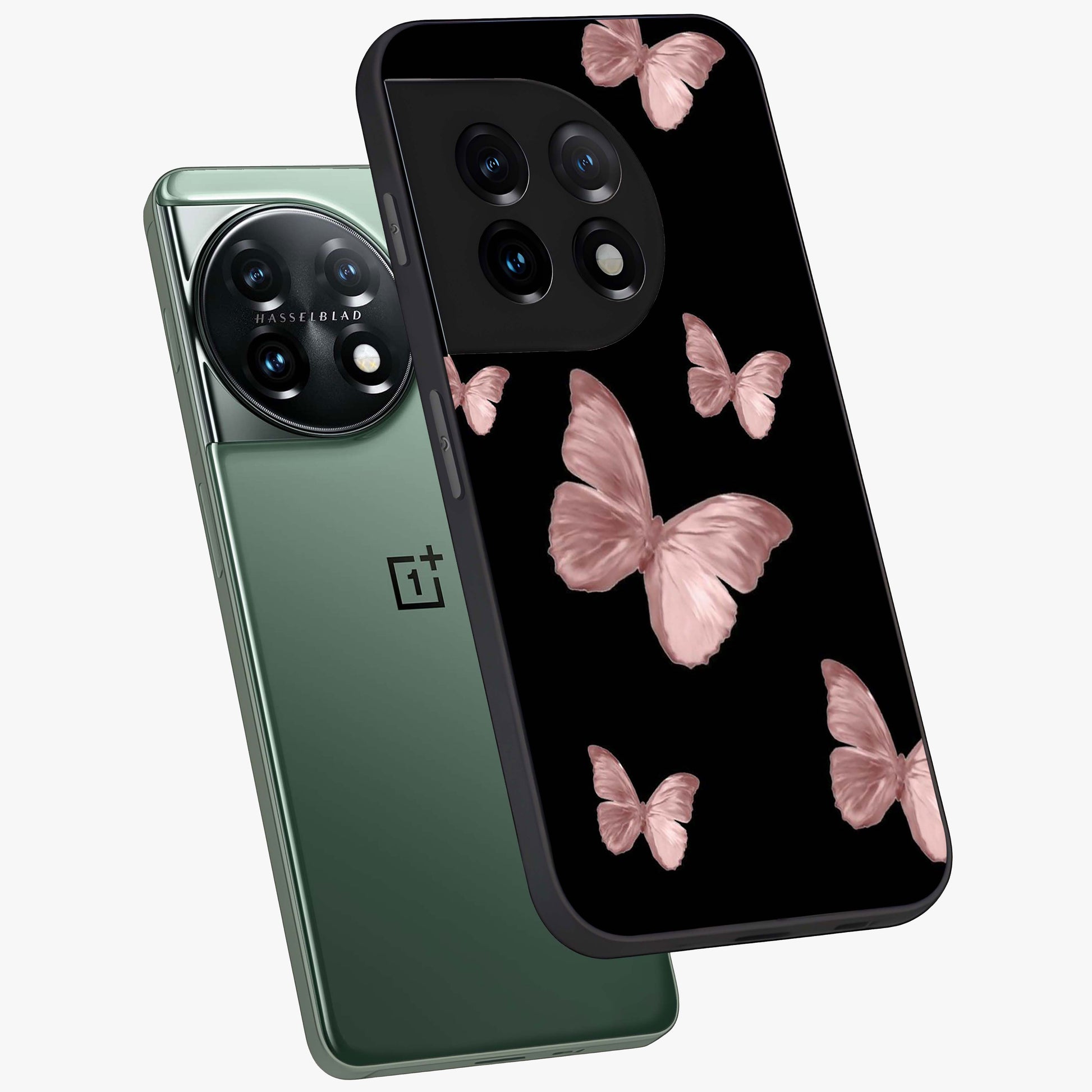 Butterfly Pattern Glass Case for 1+11 angled mockup showcasing glossy glass finish and delicate wing design