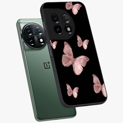 Butterfly Pattern Glass Case for 1+11 angled mockup showcasing glossy glass finish and delicate wing design