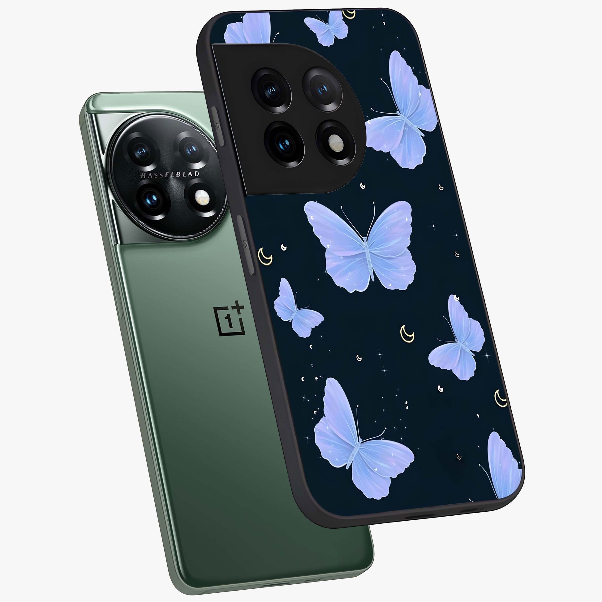 Butterfly With Stars Pattern Glass Case for 1+11 angled mockup showcasing glossy finish and celestial inspired design