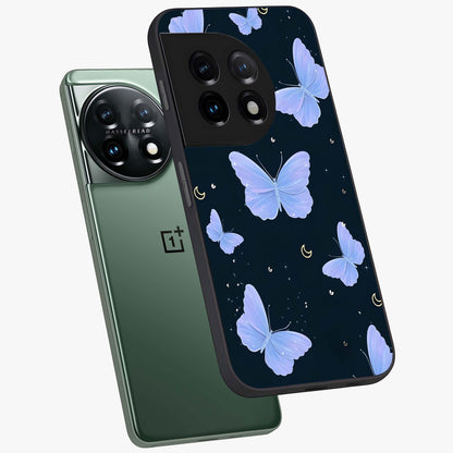Butterfly With Stars Pattern Glass Case for 1+11 angled mockup showcasing glossy finish and celestial inspired design