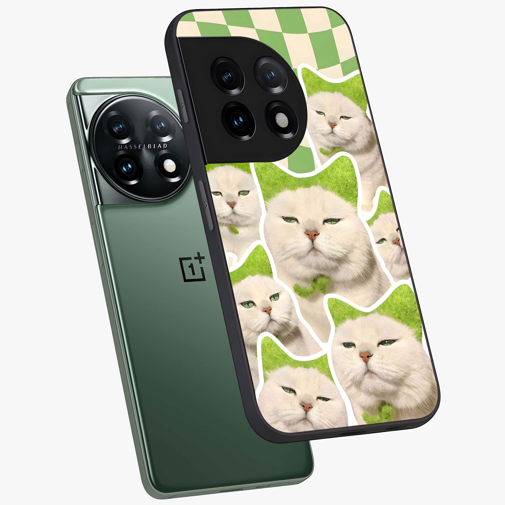 Cats Ethereal Bloom Glass Case for 1+11 angled mockup showcasing glossy finish and dreamy pastel tones