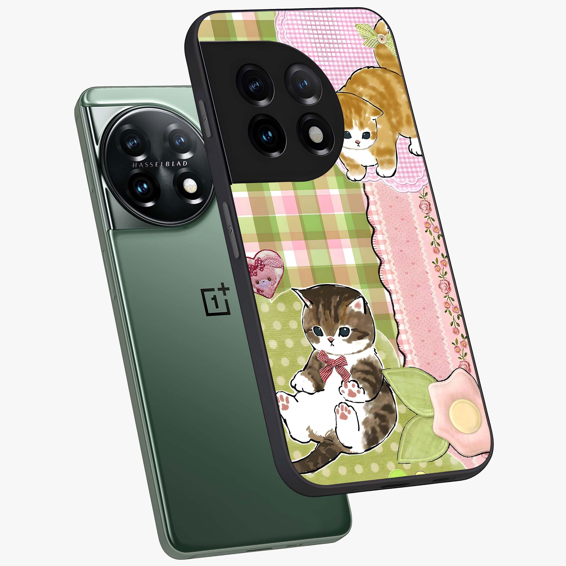 Cats Sweet Button Glass Case for 1+11 angled mockup showcasing glossy finish and charming character design