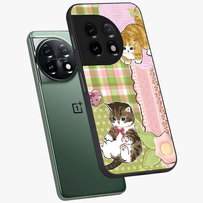 Cats Sweet Button Glass Case for 1+11 angled mockup showcasing glossy finish and charming character design