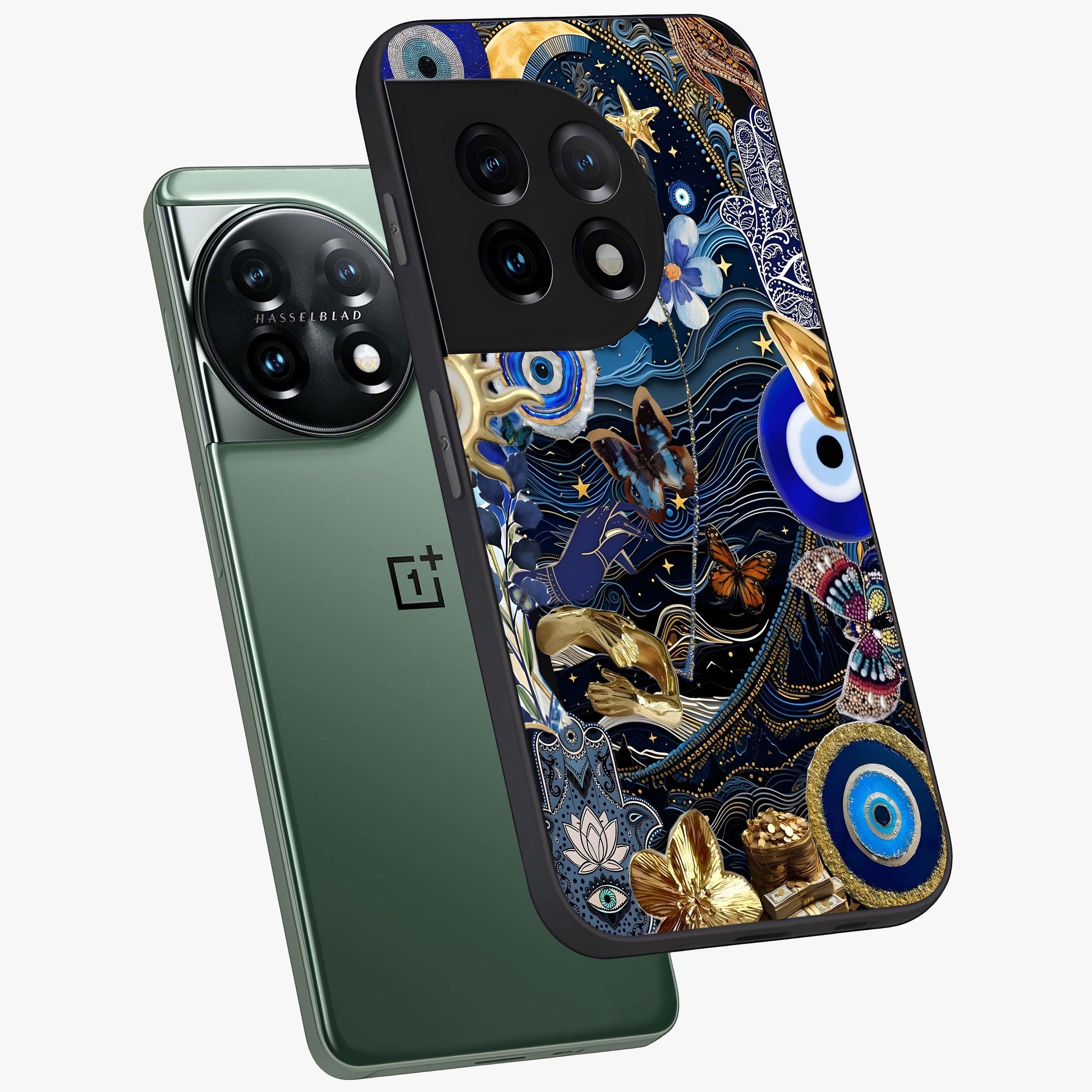 Celestial Blessing Shield Glass Case for 1+11 angled mockup showcasing glossy finish and divine design elements