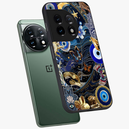 Celestial Blessing Shield Glass Case for 1+11 angled mockup showcasing glossy finish and divine design elements
