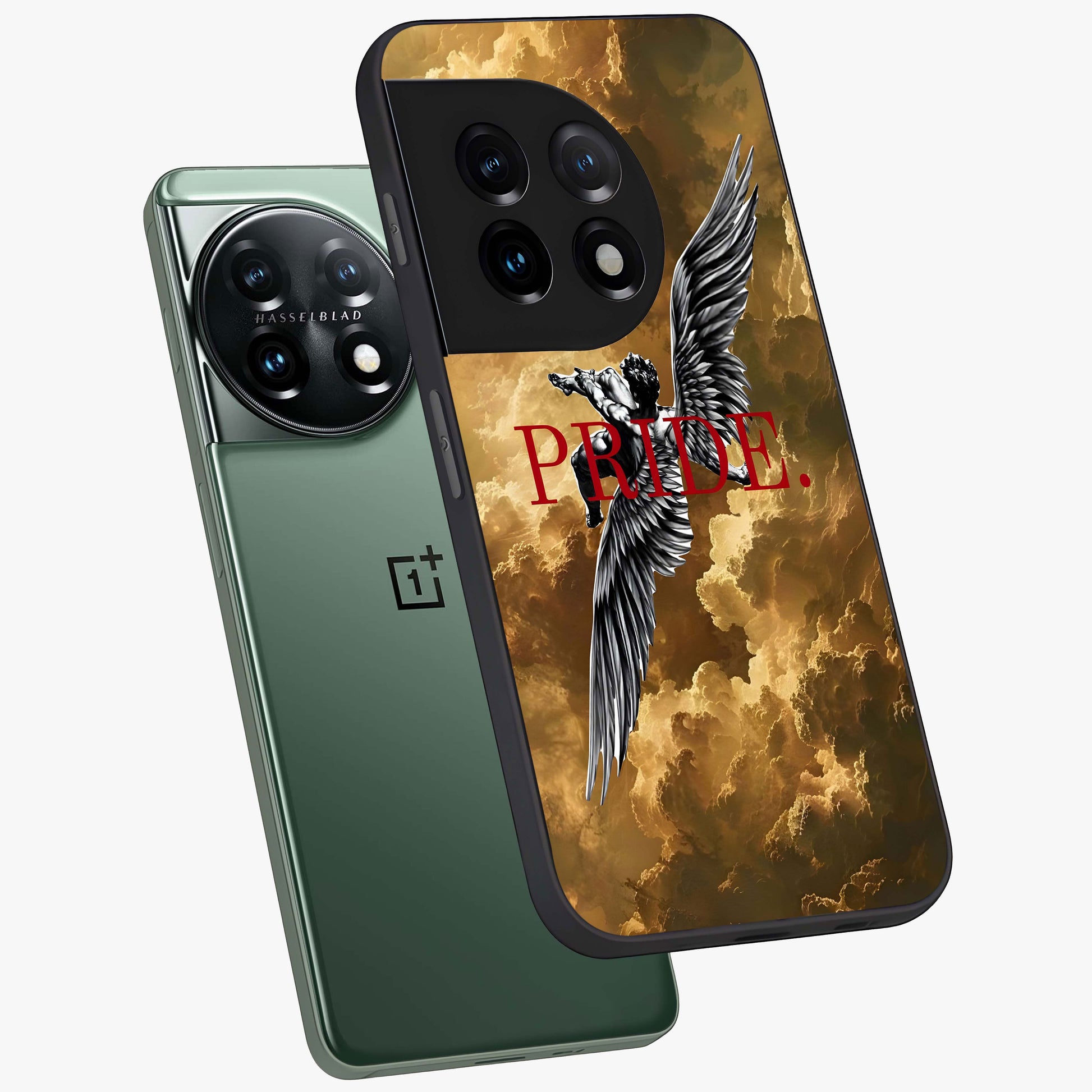 Celestial Fallen Pride Glass Case for 1+11 angled mockup showcasing glossy glass finish and intense night sky detailing