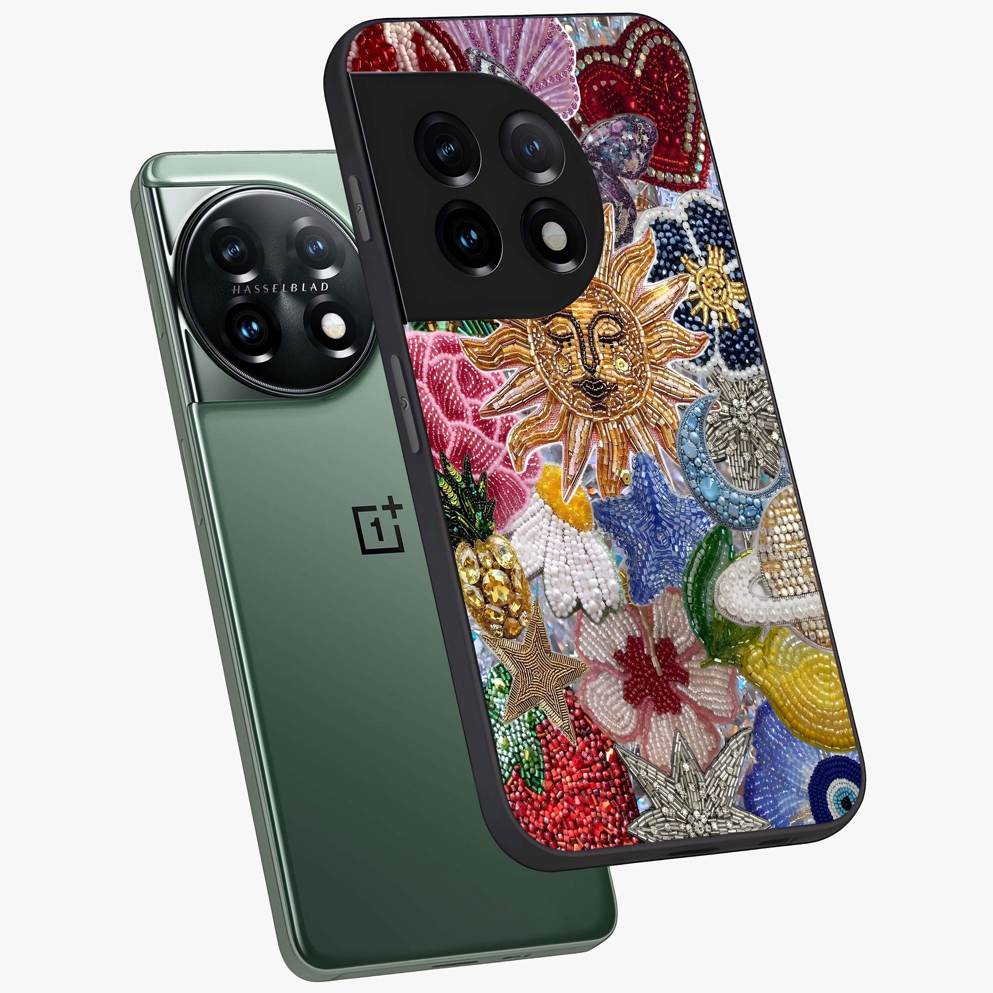 Celestial Floral and Playful Glass Case for 1+11 angled mockup showcasing glossy finish and colorful celestial detailing