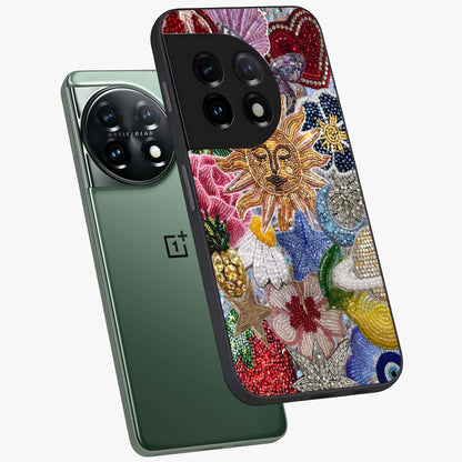 Celestial Floral and Playful Glass Case for 1+11 angled mockup showcasing glossy finish and colorful celestial detailing