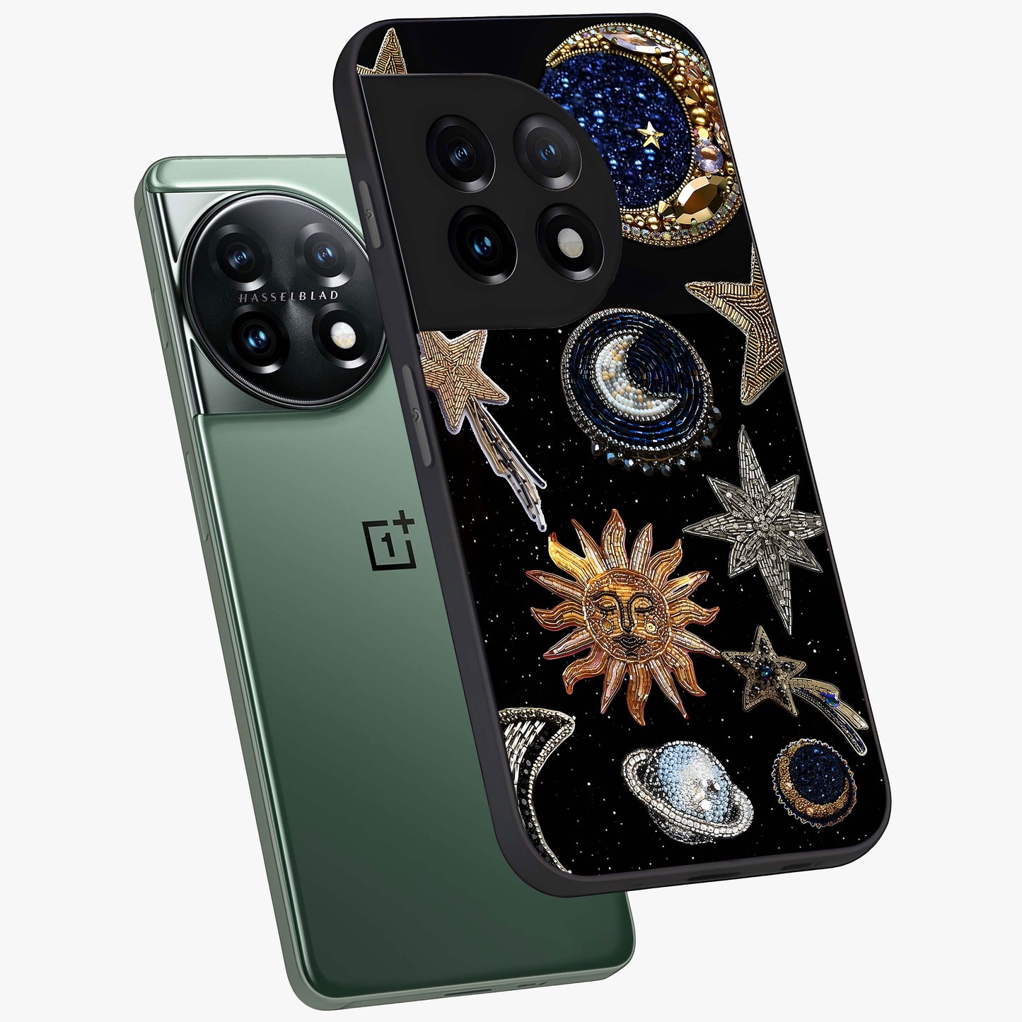 Celestial Gem Constellations Glass Case for 1+11 angled mockup showcasing glossy finish and sparkling cosmic design