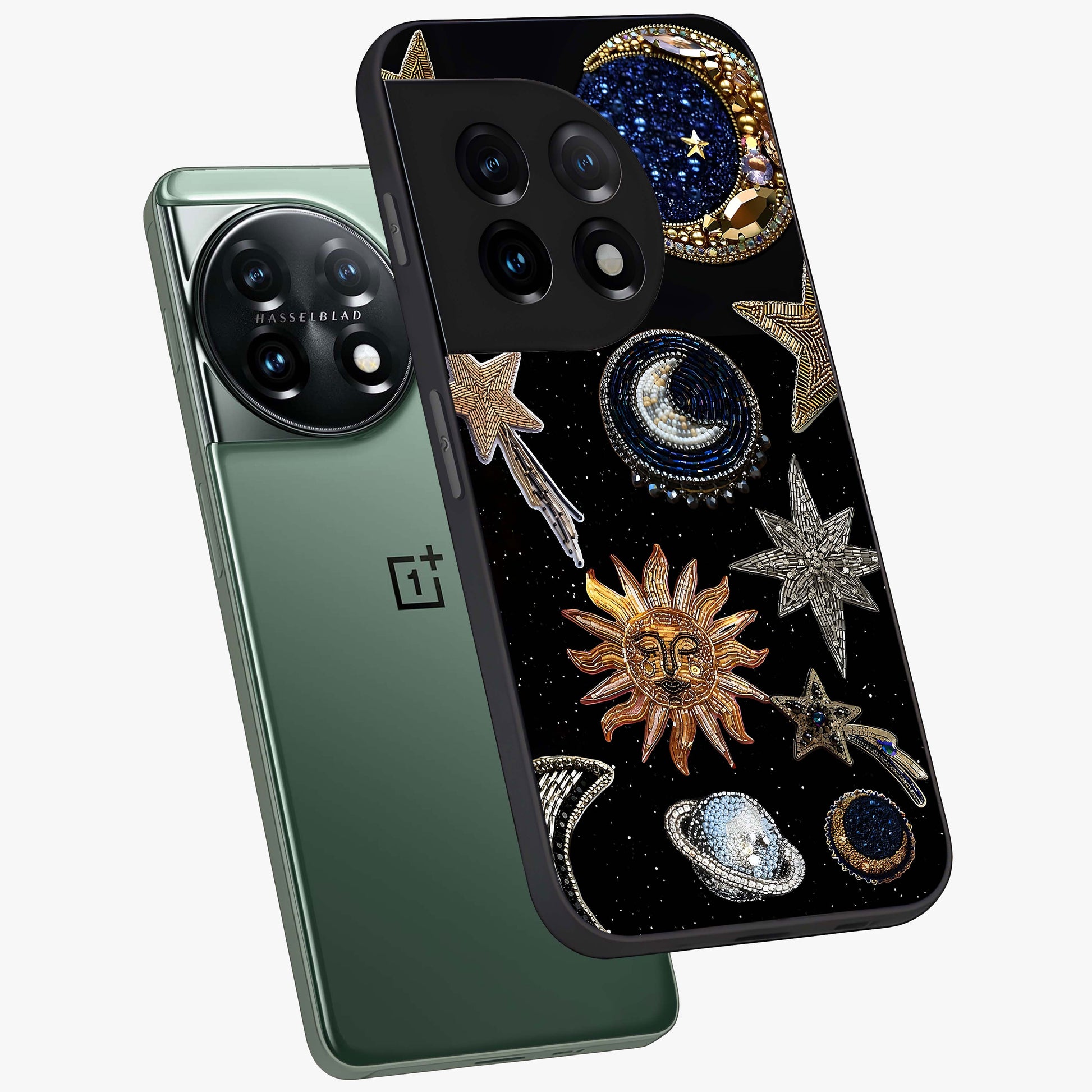 Celestial Gem Constellations Glass Case for 1+11 angled mockup showcasing glossy finish and sparkling cosmic design