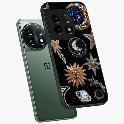 Celestial Gem Constellations Glass Case for 1+11 angled mockup showcasing glossy finish and sparkling cosmic design