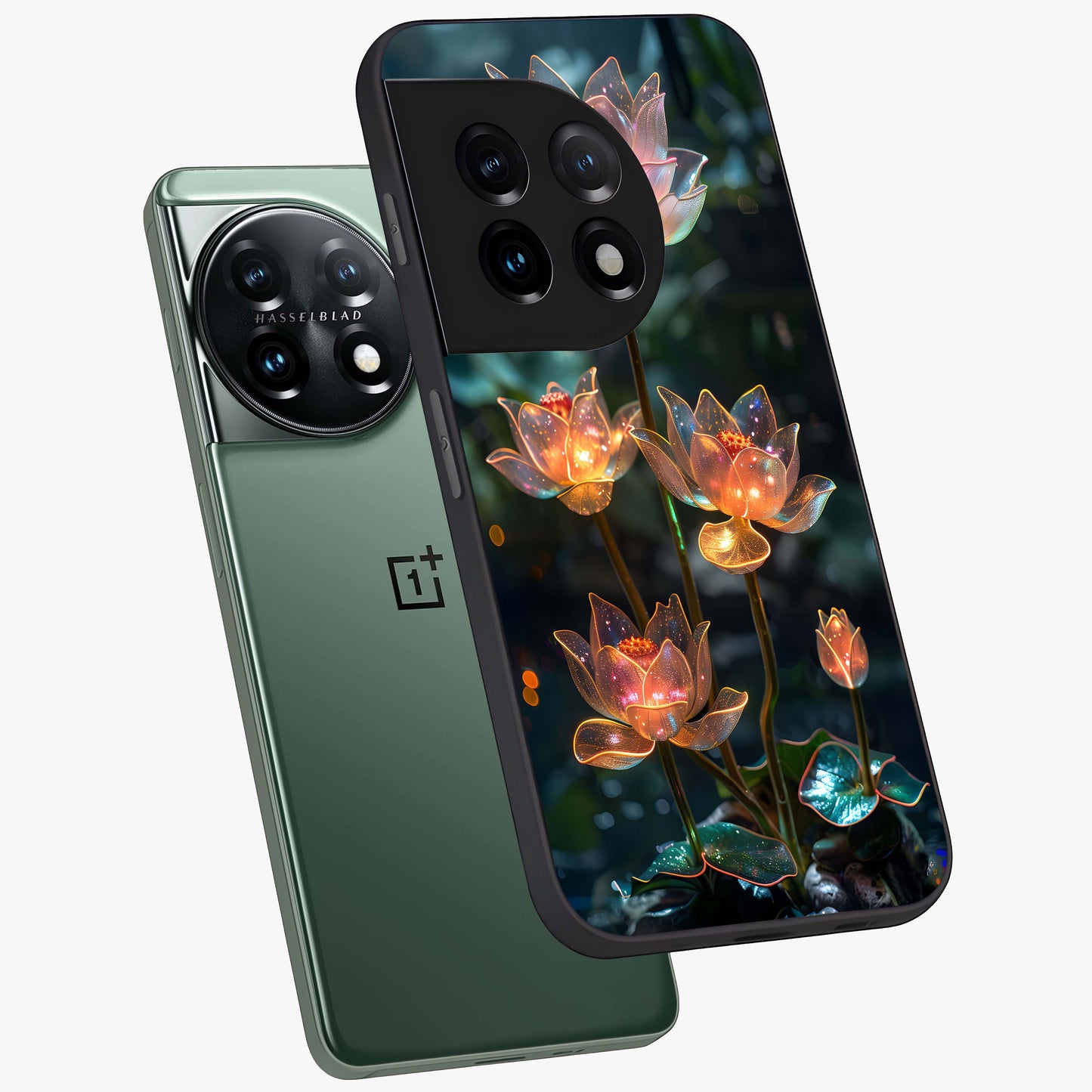 Celestial Lotus Light Glass Case for 1+11 angled mockup showcasing glossy finish and radiant celestial tones