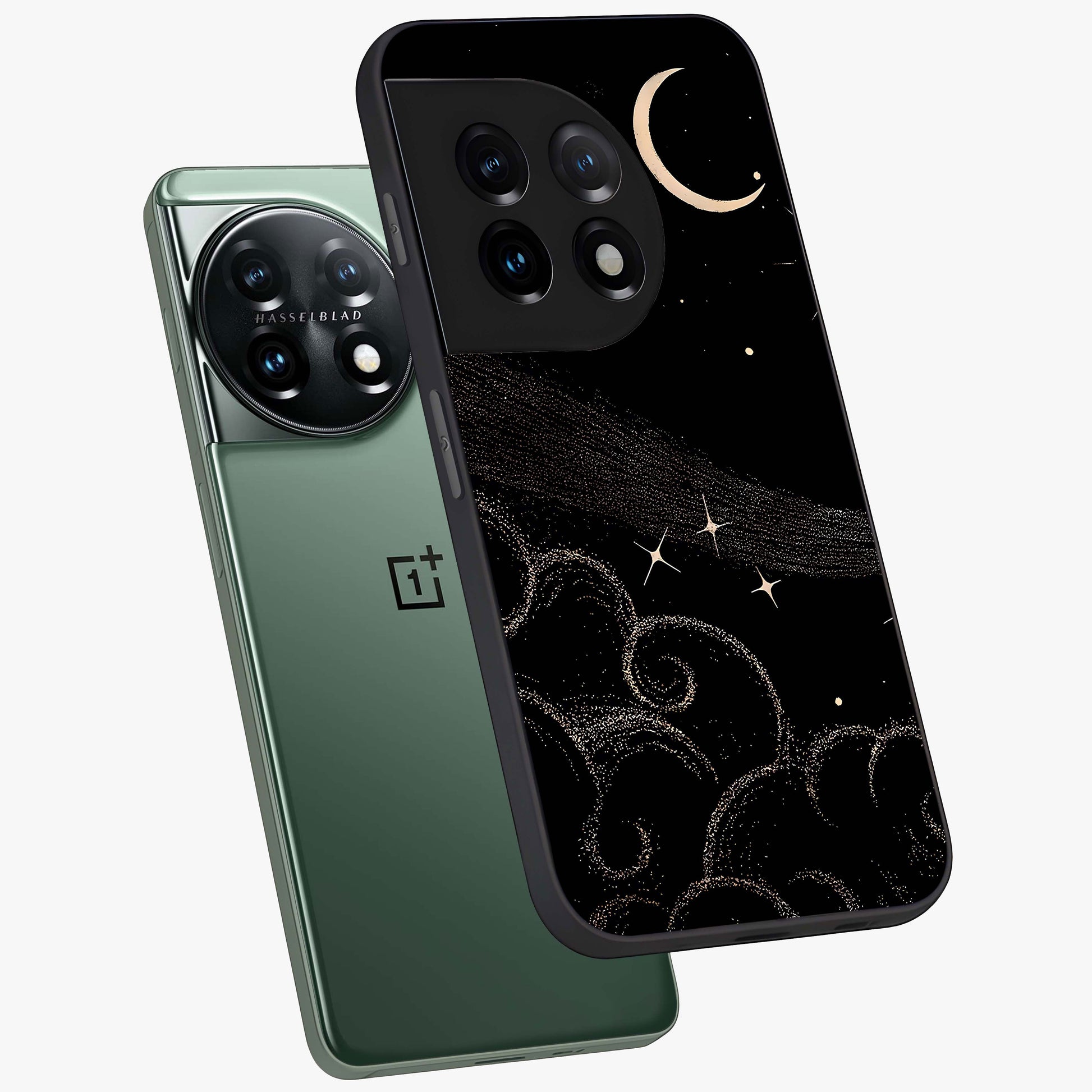 Celestial Midnight Veil Glass Case for 1+11 angled mockup showcasing glossy finish and dark celestial gradients