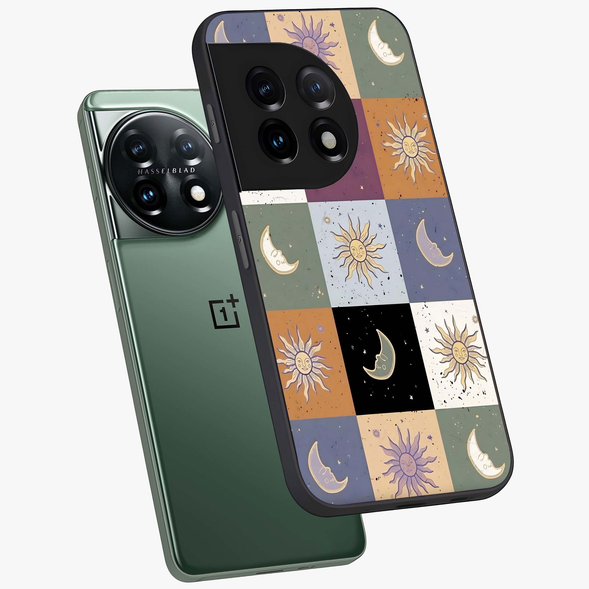Celestial Patchwork Dreams Glass Case for 1+11 angled mockup showcasing glossy finish and layered celestial textures