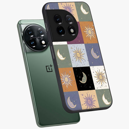 Celestial Patchwork Dreams Glass Case for 1+11 angled mockup showcasing glossy finish and layered celestial textures