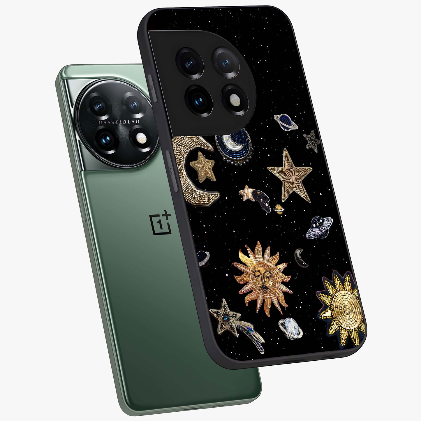 Celestial Star Charm Glass Case for 1+11 angled mockup showcasing glossy finish and shimmering celestial tones