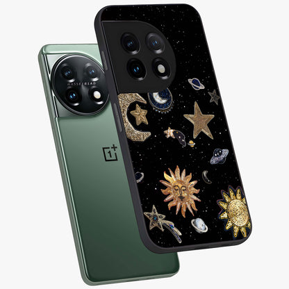 Celestial Star Charm Glass Case for 1+11 angled mockup showcasing glossy finish and shimmering celestial tones