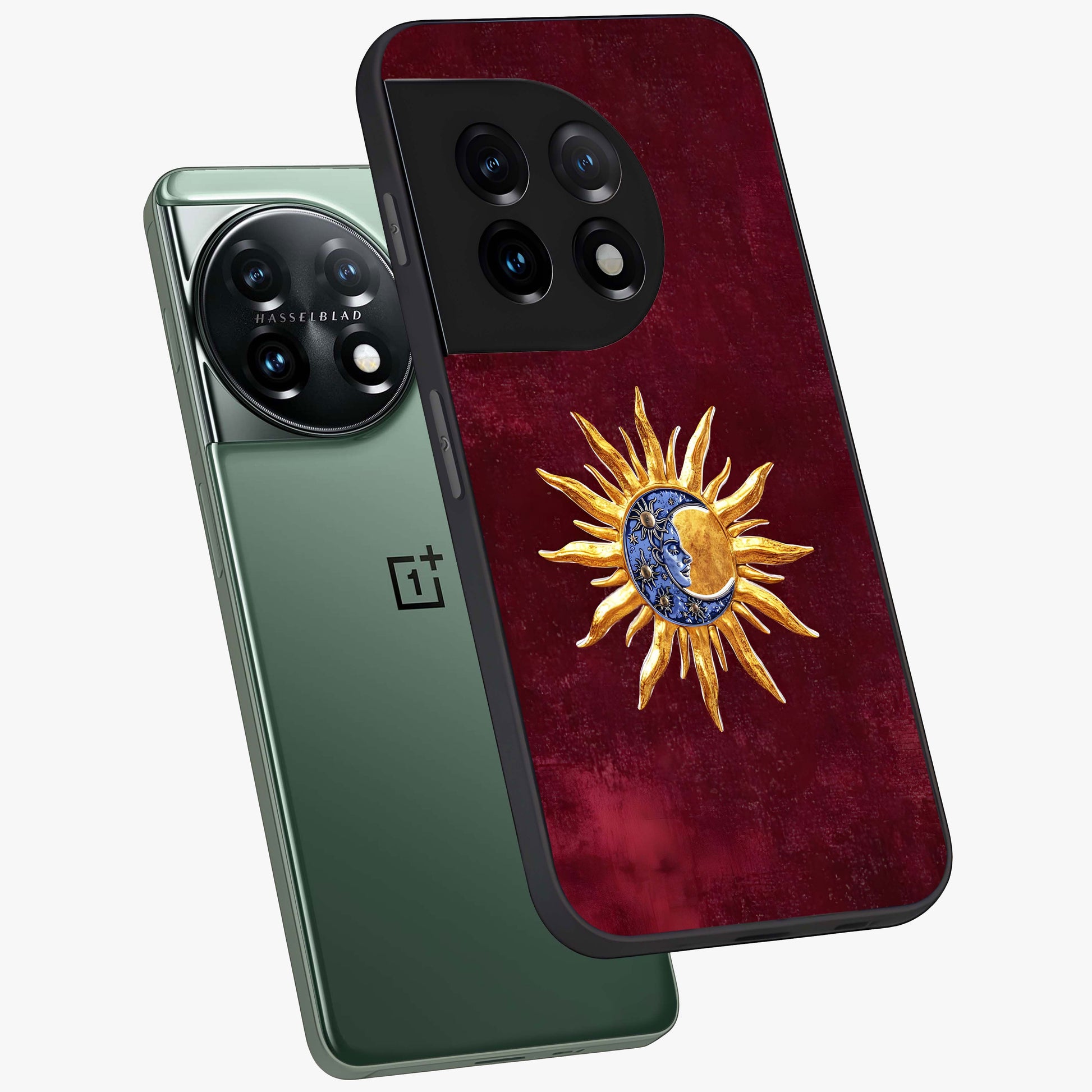 Celestial Unity Charm Glass Case for 1+11 angled mockup showcasing glossy finish and balanced cosmic design
