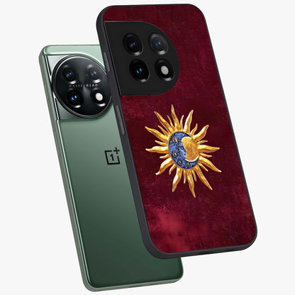 Celestial Unity Charm Glass Case for 1+11 angled mockup showcasing glossy finish and balanced cosmic design