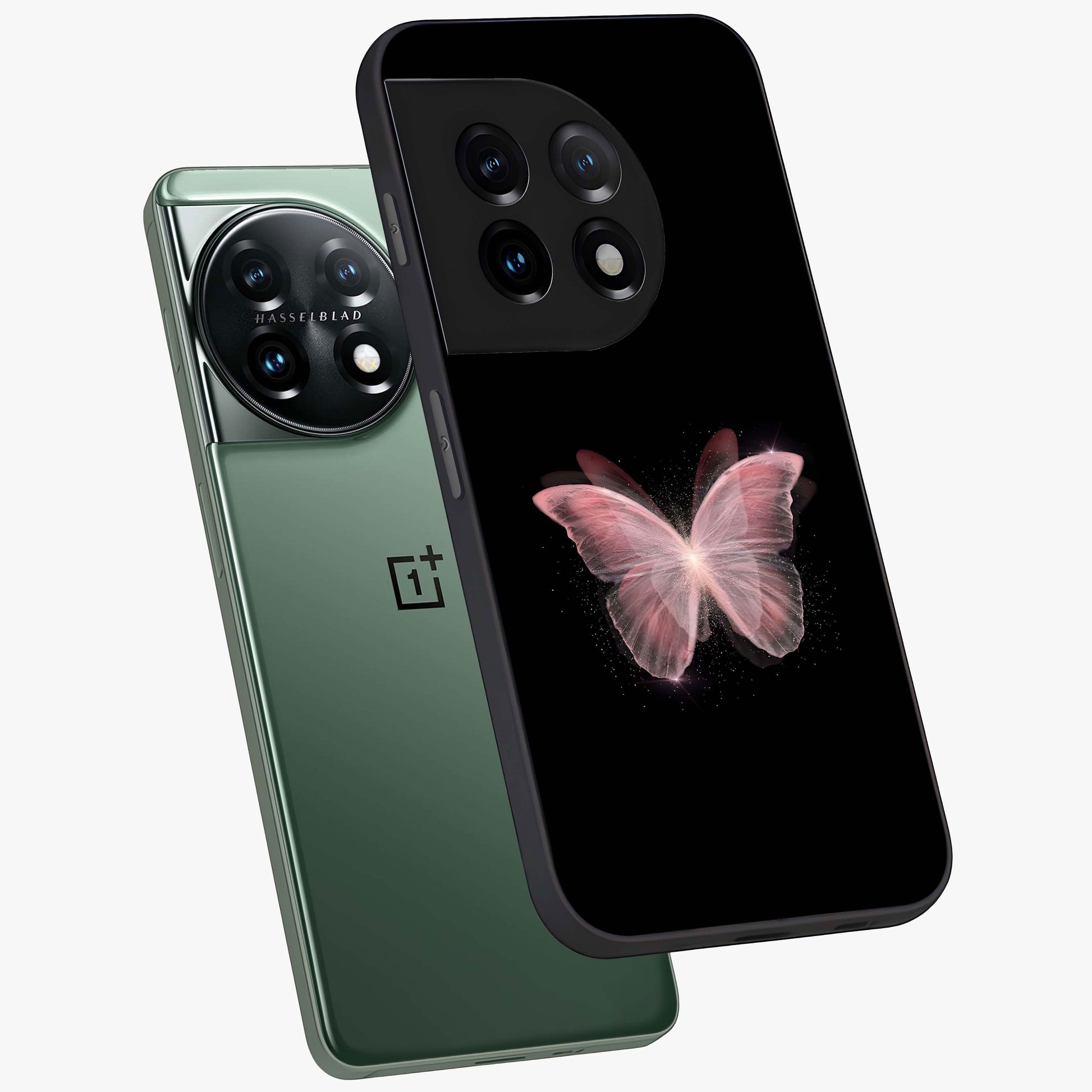 Celestial Wings Butterfly Glass Case for 1+11 angled mockup showcasing glossy finish and luminous wing detailing
