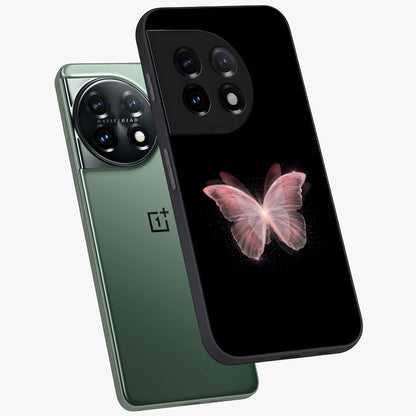 Celestial Wings Butterfly Glass Case for 1+11 angled mockup showcasing glossy finish and luminous wing detailing