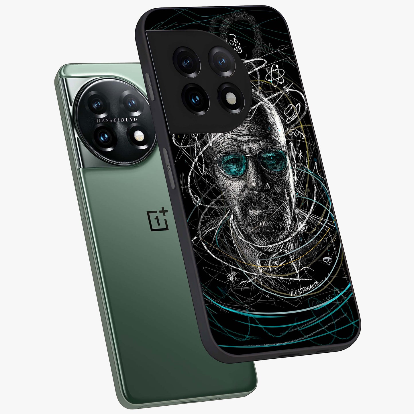 Chaotic Mind Genius Glass Case for 1+11 angled mockup showcasing glossy finish and edgy artistic design
