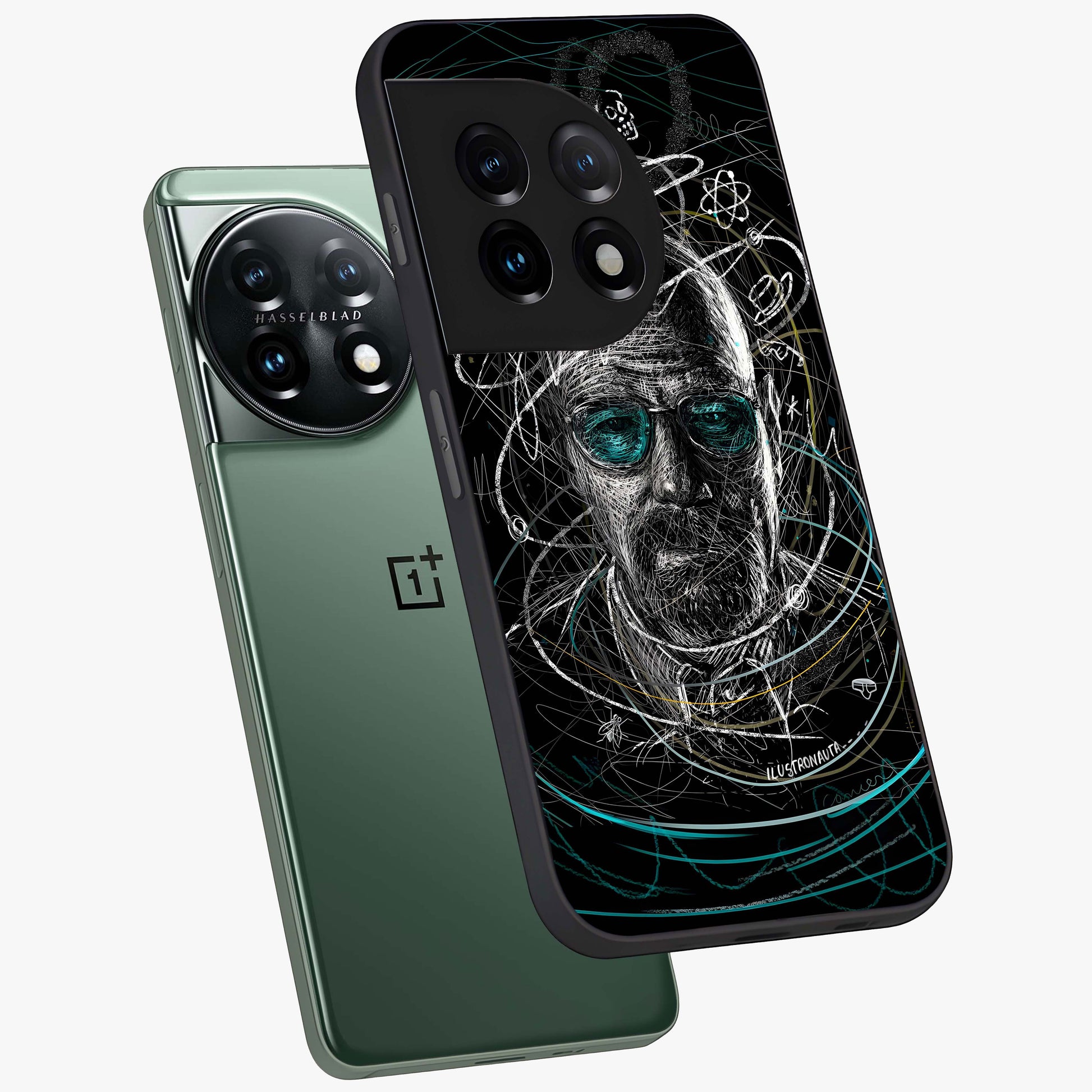 Chaotic Mind Genius Glass Case for 1+11 angled mockup showcasing glossy finish and edgy artistic design