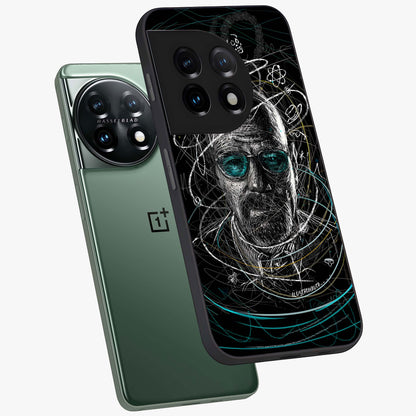 Chaotic Mind Genius Glass Case for 1+11 angled mockup showcasing glossy finish and edgy artistic design