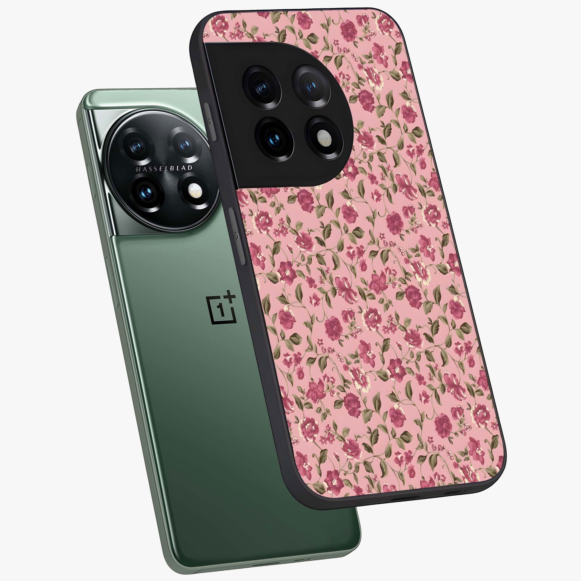 Charming Pink Floral Glass Case for 1+11 angled mockup showcasing glossy finish and elegant bloom detailing