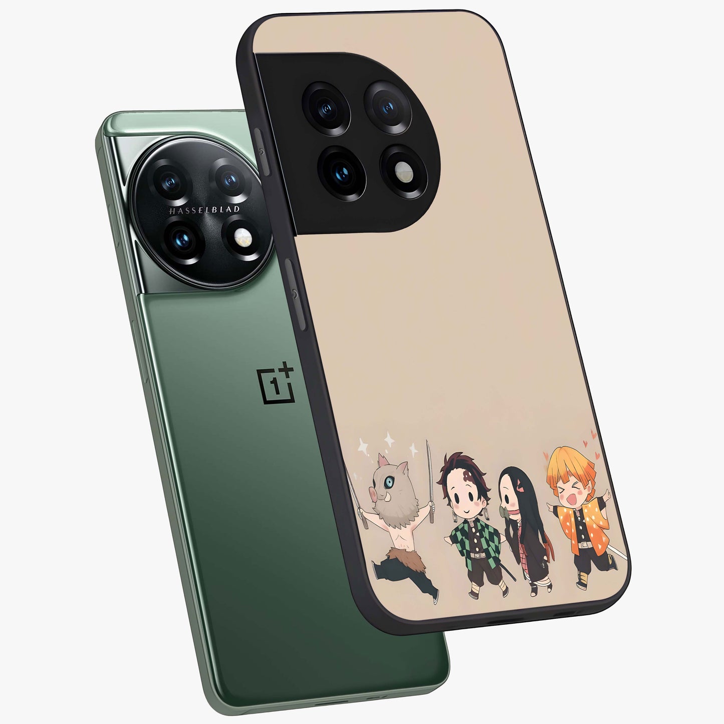 Chibi Demon Squad Glass Case for 1+11 angled mockup showcasing glossy finish and vibrant anime inspired design