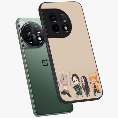 Chibi Demon Squad Glass Case for 1+11 angled mockup showcasing glossy finish and vibrant anime inspired design