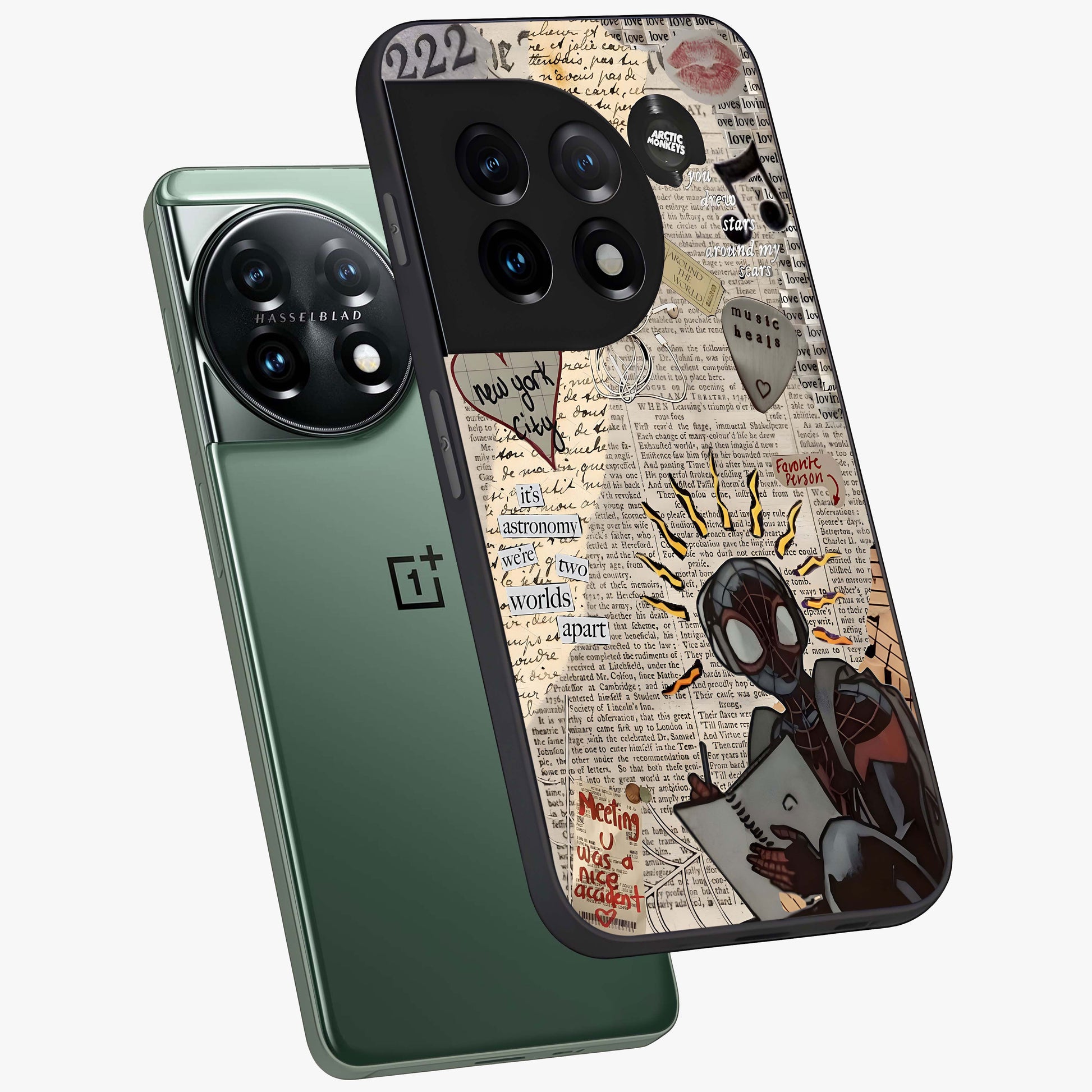 City Dream Sketch Glass Case for 1+11 captured at a warm angle highlighting urban line details, gloss, and edge clarity.