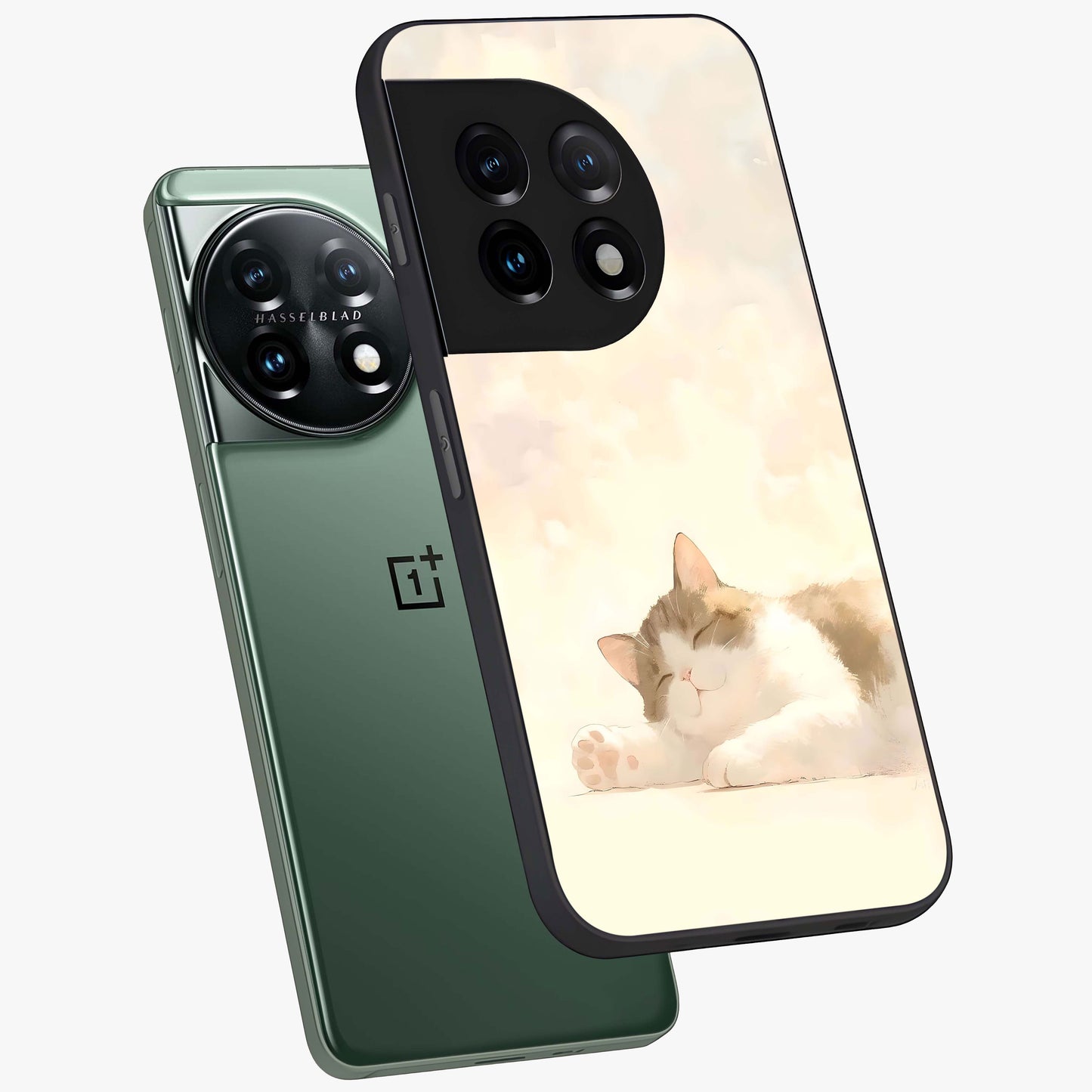 Cloud Nap Cat Glass Case for 1+11 angled mockup showcasing glossy finish and cozy pastel tones